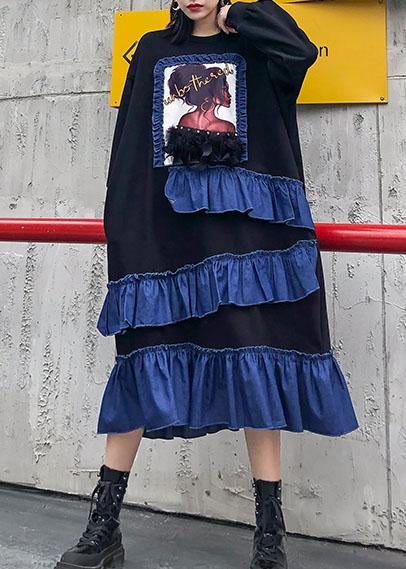 Organic black cotton pattern Ruffles patchwork Kaftan Dress - SooLinen