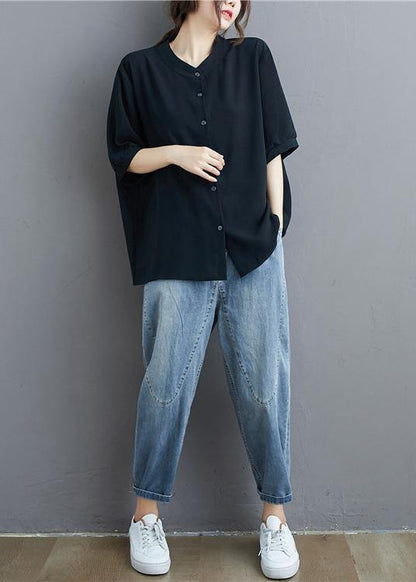 Organic black linen tunic top Fashion stand collar summer blouse - SooLinen