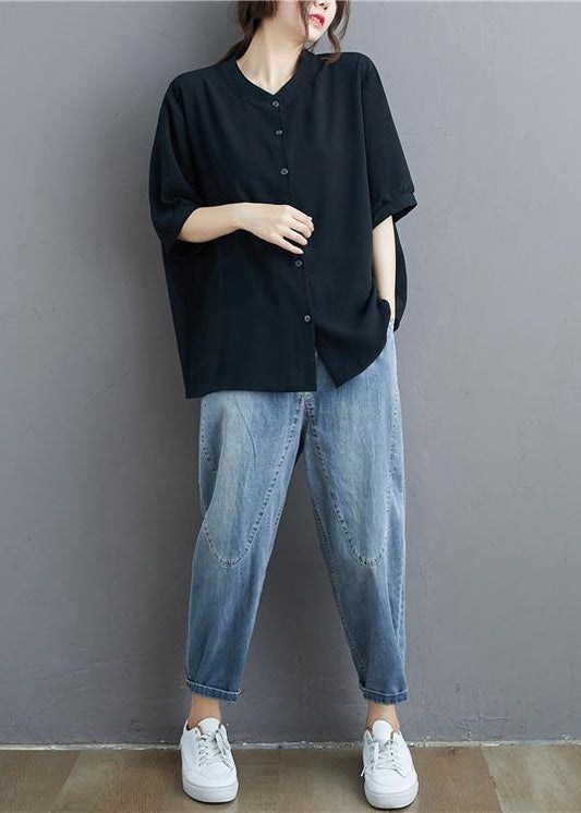 Organic black linen tunic top Fashion stand collar summer blouse - SooLinen