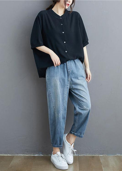 Organic black linen tunic top Fashion stand collar summer blouse - SooLinen