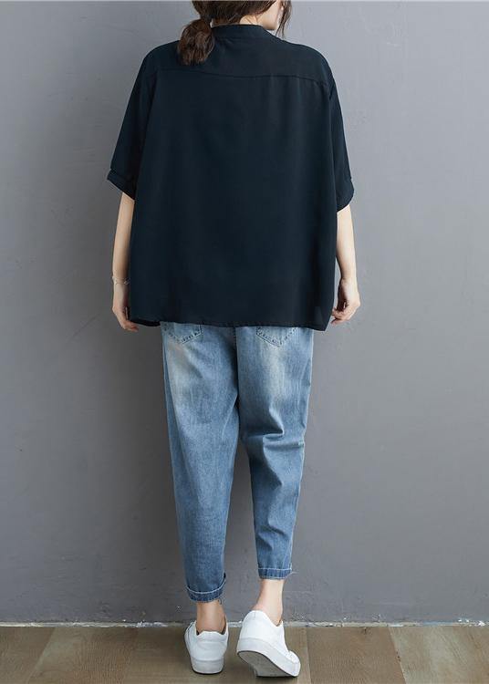 Organic black linen tunic top Fashion stand collar summer blouse - SooLinen