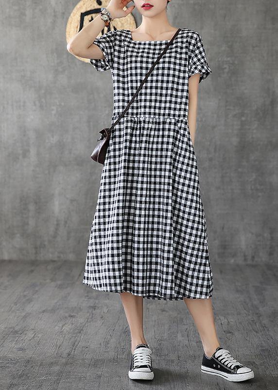 Organic black plaid linen cotton quilting clothes Square Collar patchwork cotton summer Dress - SooLinen