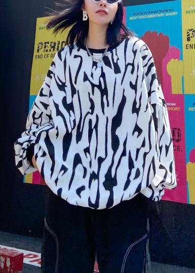 Organic black print shirts o neck patchwork Art blouse - SooLinen