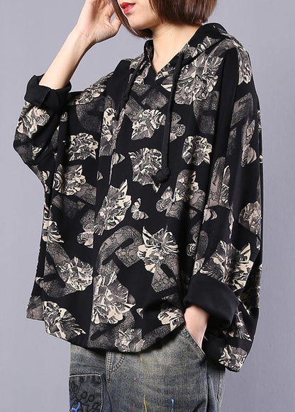 Organic black prints cotton Blouse hooded Plus Size Clothing autumn tops - SooLinen