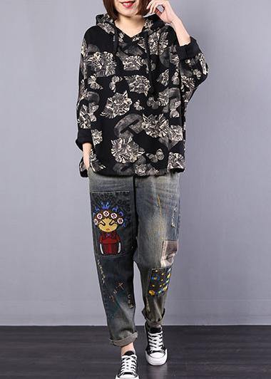 Organic black prints cotton Blouse hooded Plus Size Clothing autumn tops - SooLinen
