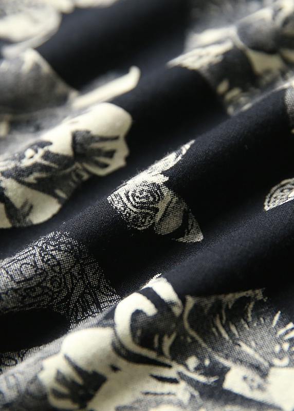 Organic black prints cotton Blouse hooded Plus Size Clothing autumn tops - SooLinen