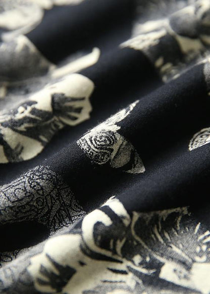 Organic black prints cotton Blouse hooded Plus Size Clothing autumn tops - SooLinen