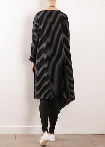 Organic black striped cotton Long Shirts v neck asymmetric Maxi Dresses - SooLinen