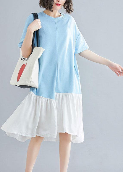 Organic blue o neck cotton quilting clothes asymmetric patchwork Maxi summer Dress - SooLinen