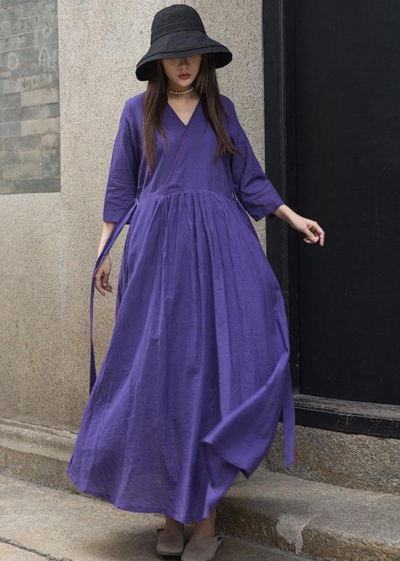 Organic bracelet sleeved linen clothes For Women Shape dark purple v neck Dress - SooLinen