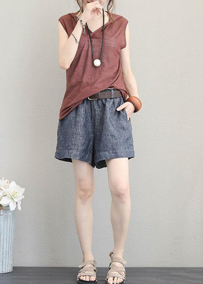Organic brown cotton clothes For Women sleeveless short hooded blouse - SooLinen