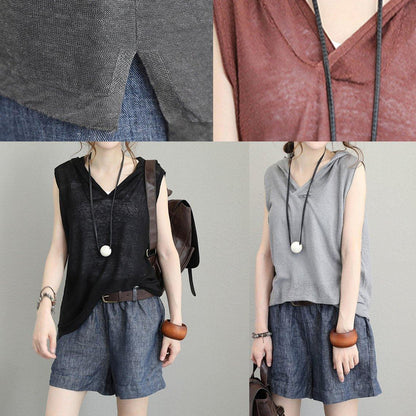 Organic brown cotton clothes For Women sleeveless short hooded blouse - SooLinen