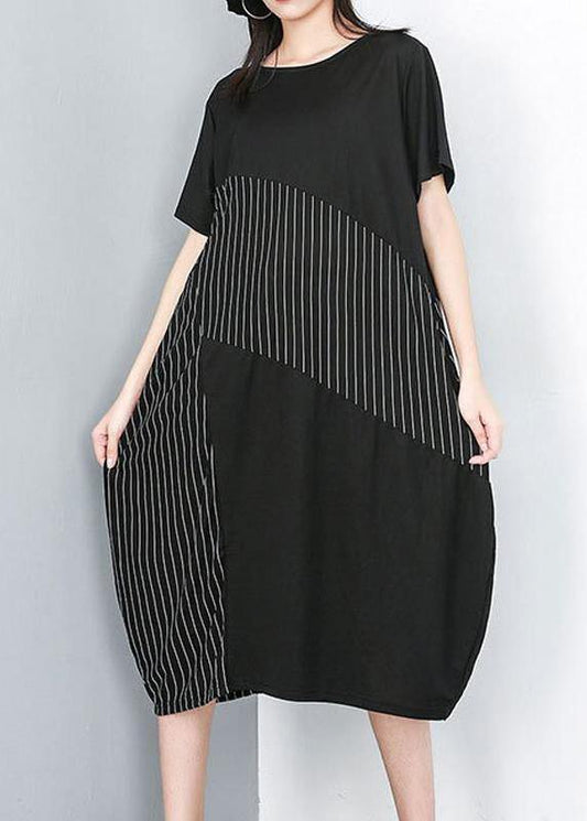 Organic clothes Women Irregular Striped Round Neck Half Sleeve Dress - SooLinen