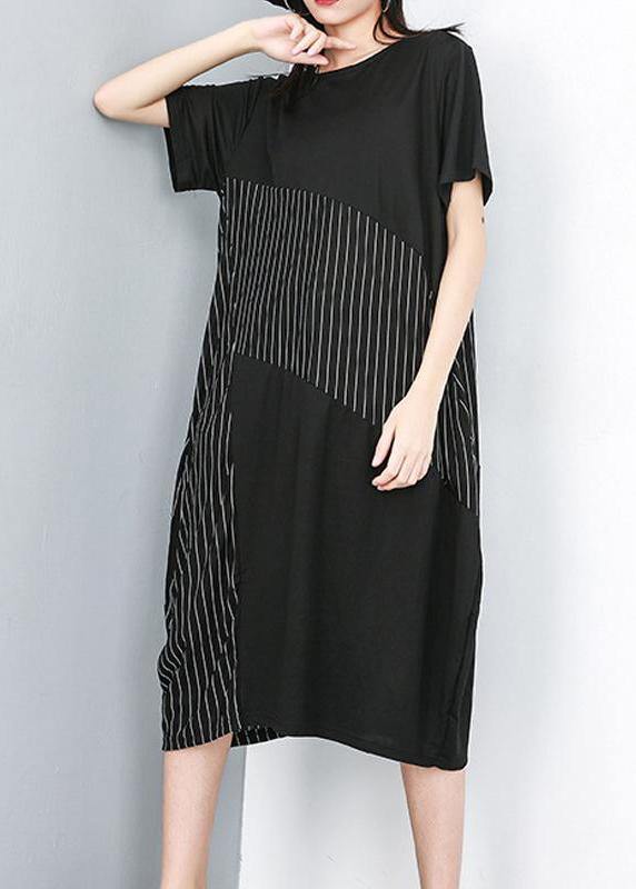 Organic clothes Women Irregular Striped Round Neck Half Sleeve Dress - SooLinen