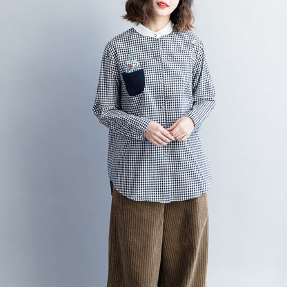 Bio-Baumwoll-Tops für Damen, stylisches Turn-Down-Kragen-Tunika-Top, schwarz-weiß kariertes Tunika-Top