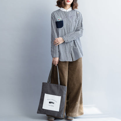 Bio-Baumwoll-Tops für Damen, stylisches Turn-Down-Kragen-Tunika-Top, schwarz-weiß kariertes Tunika-Top