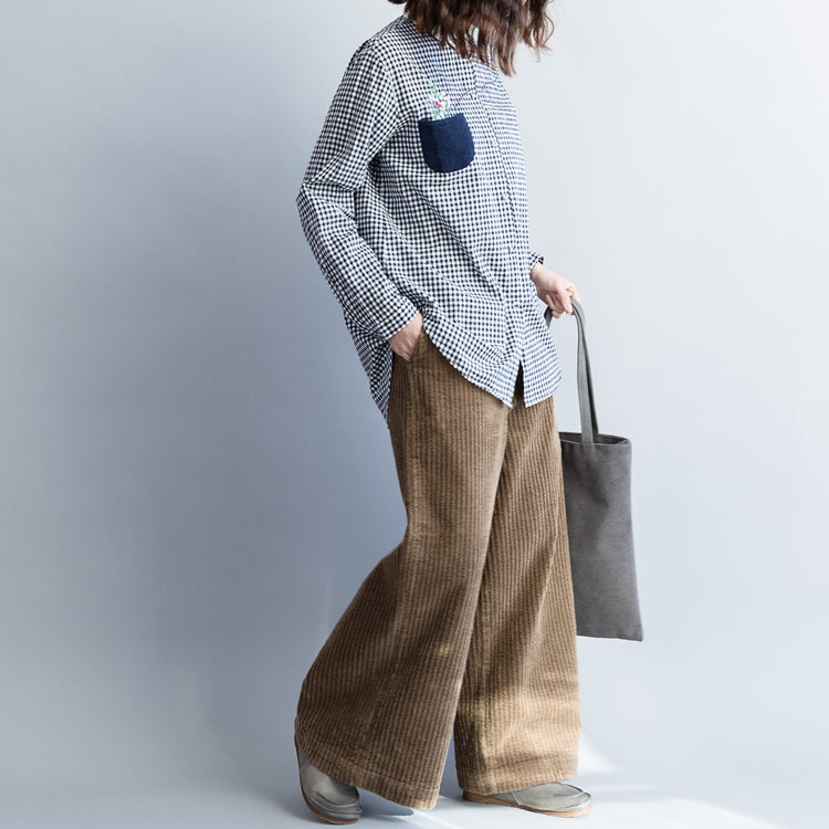 Bio-Baumwoll-Tops für Damen, stylisches Turn-Down-Kragen-Tunika-Top, schwarz-weiß kariertes Tunika-Top