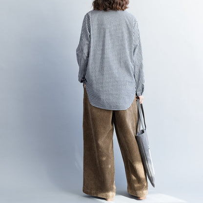 Bio-Baumwoll-Tops für Damen, stylisches Turn-Down-Kragen-Tunika-Top, schwarz-weiß kariertes Tunika-Top