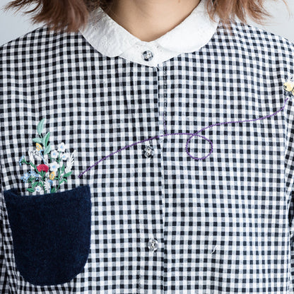 Bio-Baumwoll-Tops für Damen, stylisches Turn-Down-Kragen-Tunika-Top, schwarz-weiß kariertes Tunika-Top