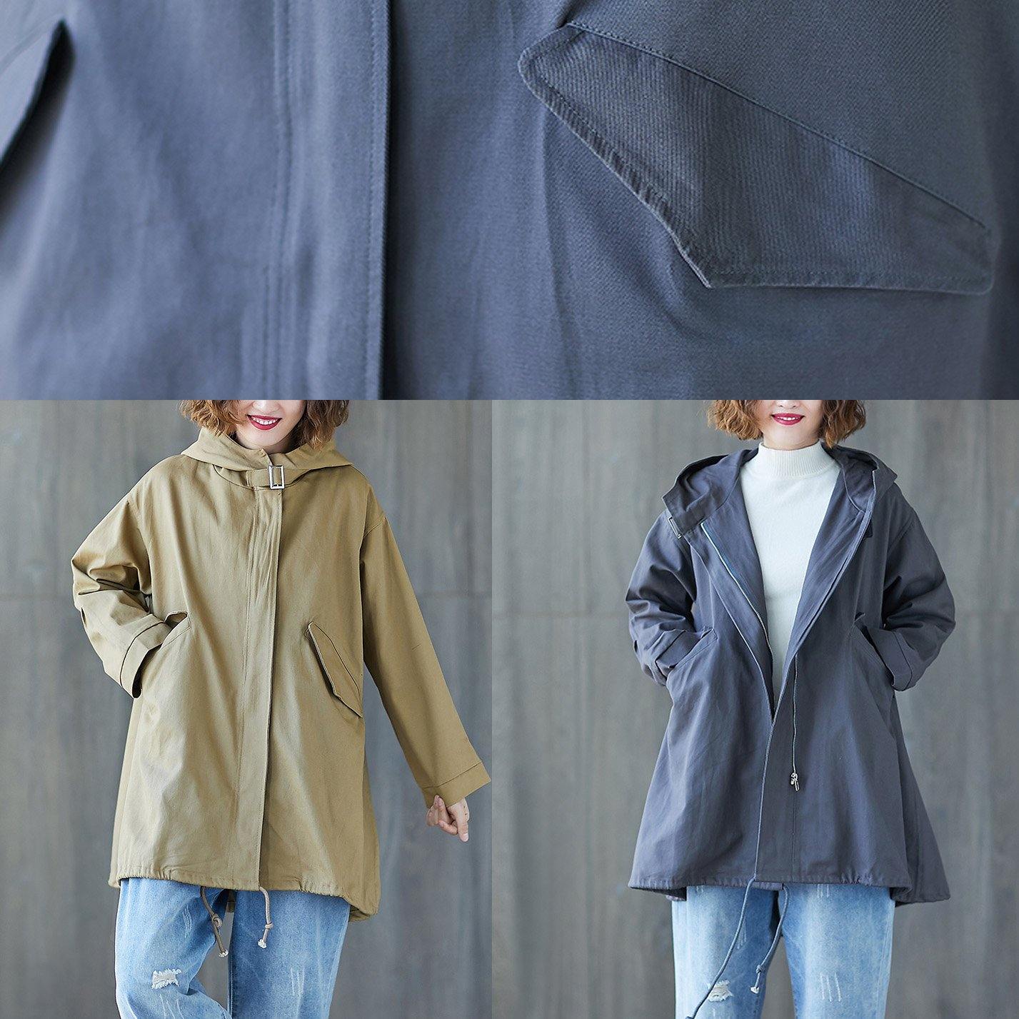 Organic dark gray hooded cotton Blouse drawstring hem tunic fall shirt - SooLinen