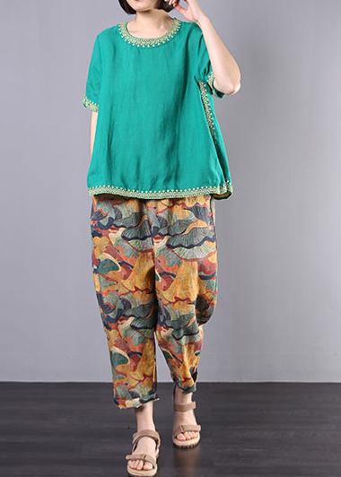 Organic embroidery linen cotton clothes green o neck Dresses blouses summer - SooLinen