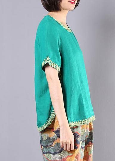 Organic embroidery linen cotton clothes green o neck Dresses blouses summer - SooLinen