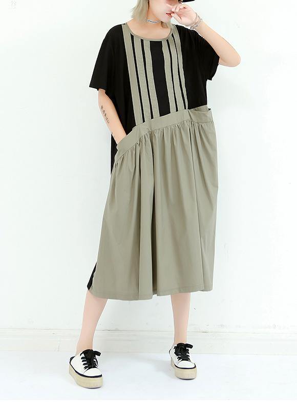 Organic gray green cotton dresses o neck patchwork cotton summer Dress - SooLinen