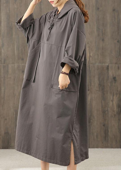 Organic gray tunics for women hooded side open Dress - SooLinen