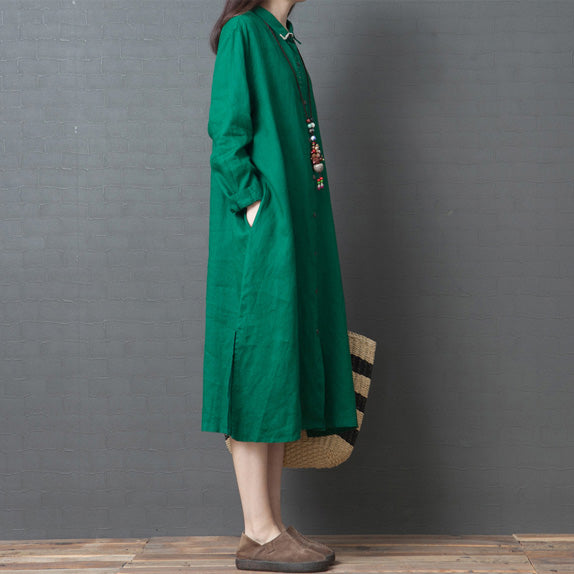 Bio-Leinen-Roben in Grün, Indischer Online-Shopping-Leinen-Roben mit Reverskragen, Hemdkleid