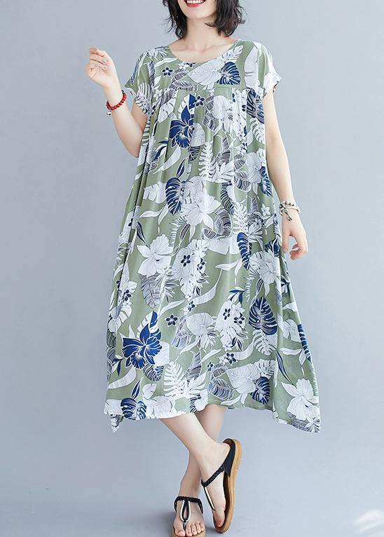 Organic green print clothes o neck pockets cotton summer Dresses - SooLinen