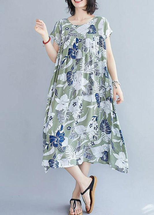Organic green print clothes o neck pockets cotton summer Dresses - SooLinen