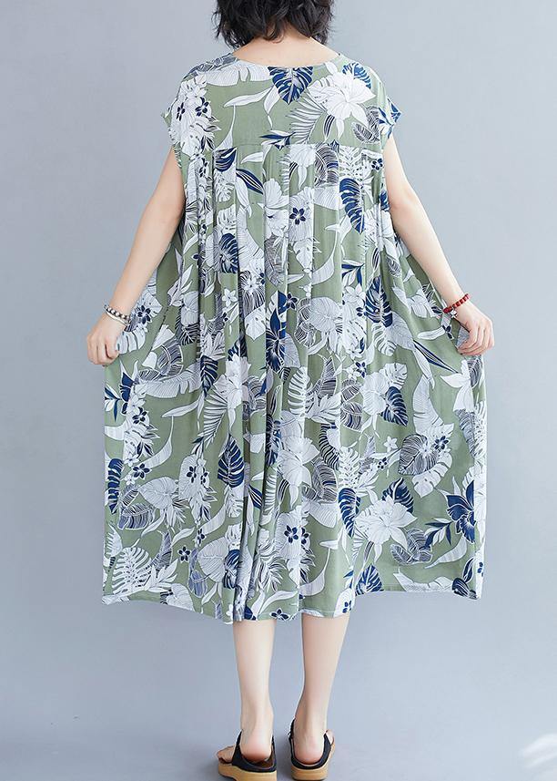 Organic green print clothes o neck pockets cotton summer Dresses - SooLinen