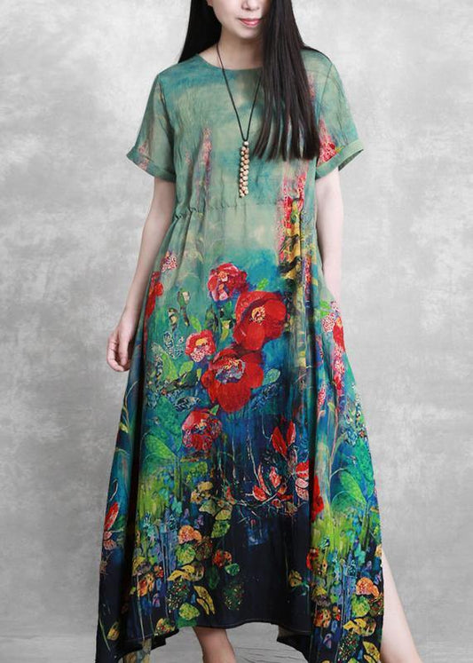 Organic green print dresses o neck tie waist Robe summer Dress - SooLinen