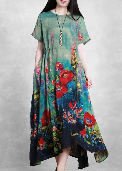 Organic green print dresses o neck tie waist Robe summer Dress - SooLinen