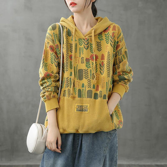 Organic hooded fall crane tops Neckline yellow Plant printing shirts - SooLinen