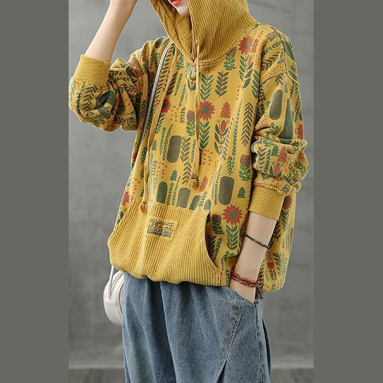 Organic hooded fall crane tops Neckline yellow Plant printing shirts - SooLinen