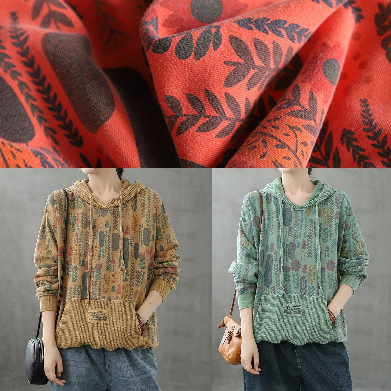 Organic hooded fall crane tops Neckline yellow Plant printing shirts - SooLinen