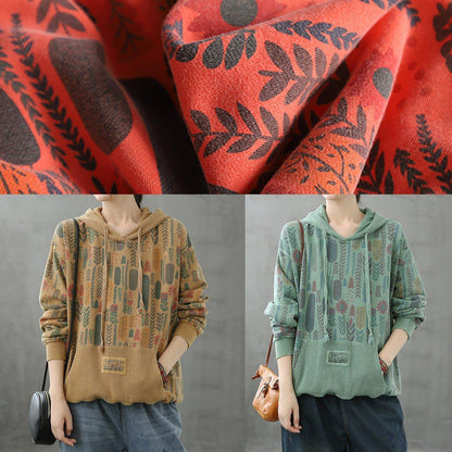 Organic hooded fall crane tops Neckline yellow Plant printing shirts - SooLinen