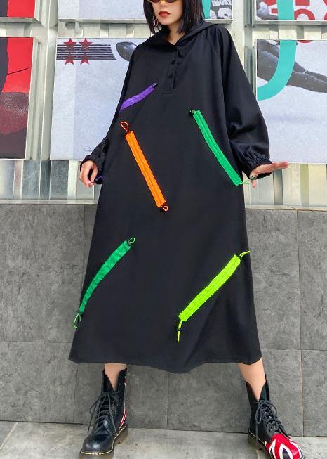 Organic hooded long sleeve fallclothes design black long Dress - SooLinen