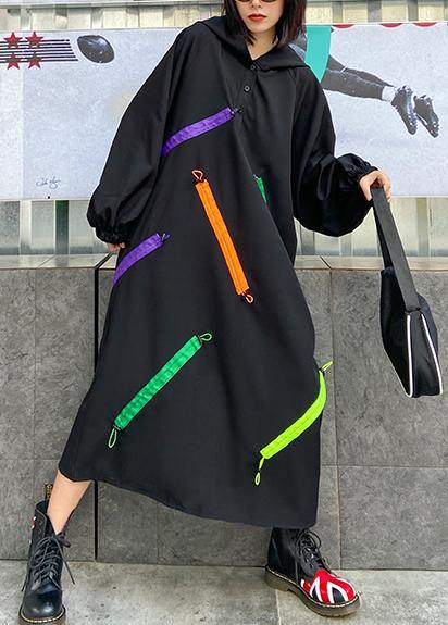 Organic hooded long sleeve fallclothes design black long Dress - SooLinen