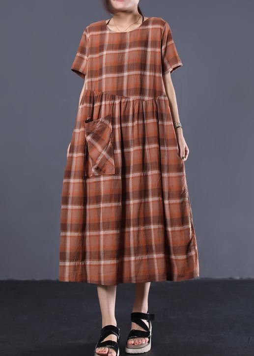 Organic khaki plaid o neck cotton clothes Women big hem long summer Dresses - SooLinen