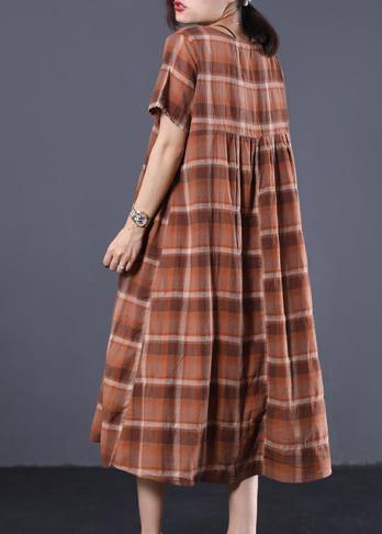 Organic khaki plaid o neck cotton clothes Women big hem long summer Dresses - SooLinen