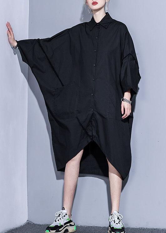 Organic lapel pockets patchwork cotton spring clothes For Women design black Traveling Dress - SooLinen