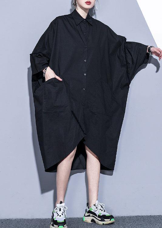 Organic lapel pockets patchwork cotton spring clothes For Women design black Traveling Dress - SooLinen