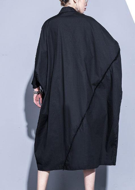 Organic lapel pockets patchwork cotton spring clothes For Women design black Traveling Dress - SooLinen