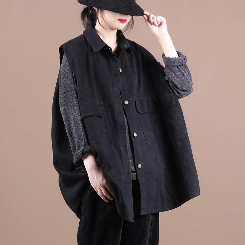 Organic lapel sleeeless fall top silhouette Fashion Ideas black shirts - SooLinen