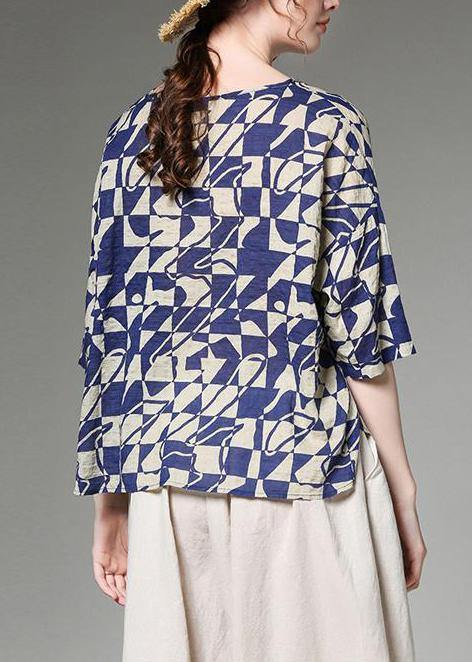 Organic linen cotton Tunic Korea Women Summer Short Sleeve Blue Plaid Blouse - SooLinen