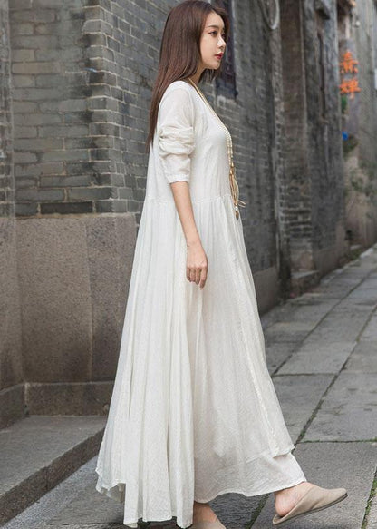 Organic long sleeve cotton linen quilting dresses Work white patchwork Dress summer - SooLinen