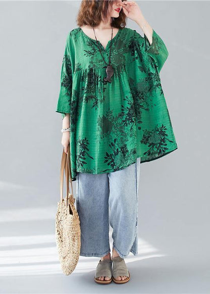 Organic loose cotton linen summerclothes green prints v neck loose blouse - SooLinen