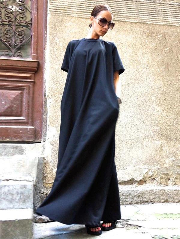 Organic navy dresses short sleeve large hem cotton spring Dresses - SooLinen